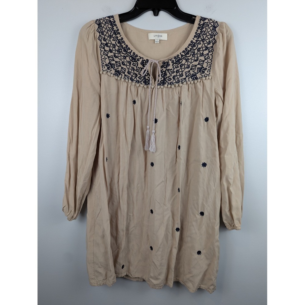 Umgee Women's Tan and Blue Embroidered Front Lightweight Tunic S Dressβ Tassel